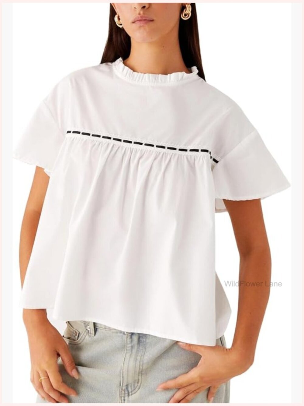 Crew Frill Neckline Short Sleeve Lace Ribbon Boho Blouse